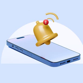 Illustration of an old-fashioned alarm bell ringing , hovering over a cell phone.