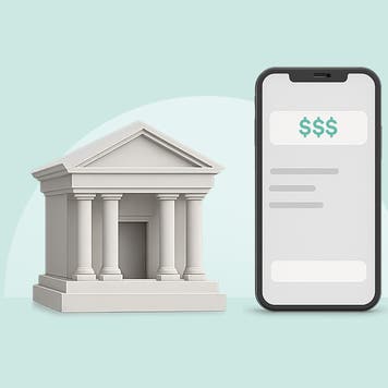 Illustration of an old-fashioned physical bank branch and a mobile phone.