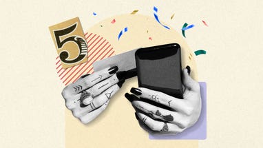 design element including some graphic drawn hands holding a cellphone and a card with a graphic number 5 to the left hand side