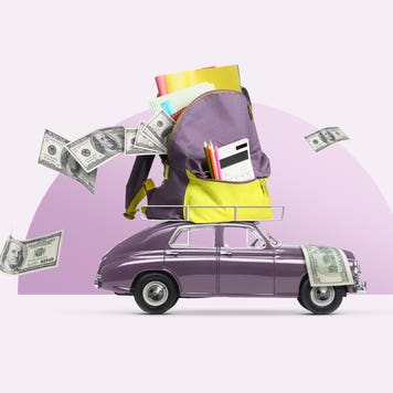 A small car loaded down by a comically large bag of cash