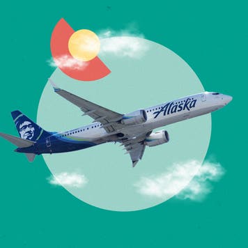 design element including an alaska airlines airplane with some faded out clouds and a green background
