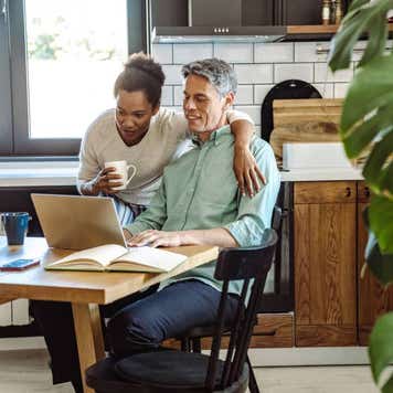 Domestic life for mature couple. Easy mornings and working from home