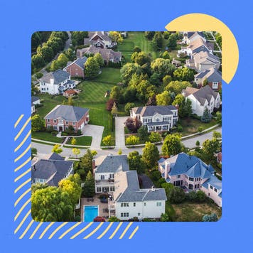 Illustrated collage featuring an aerial view of suburban homes