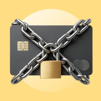 Design element of a credit card with a lock and chain wrapped around it.