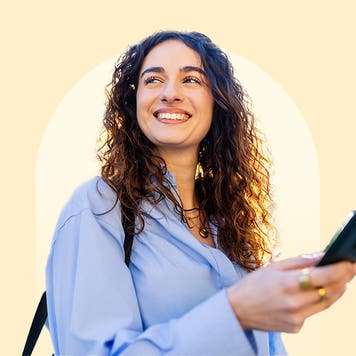 Design element of a person holder a phone, and smiling