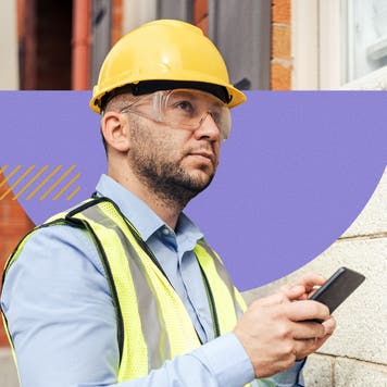 A home inspector wearing a safety vest, safety goggles, and a hard hat taking notes on a property they are about to evaluate. There are some shapes in the background and design elements to make the image pop.