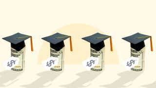 An illustration of four rolls of twenty dollar bills with graduation caps on