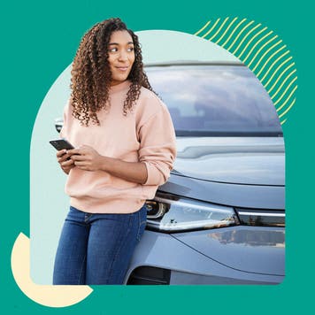 A Black woman leans against a blue car while using her cell phone. Image is against a green background.