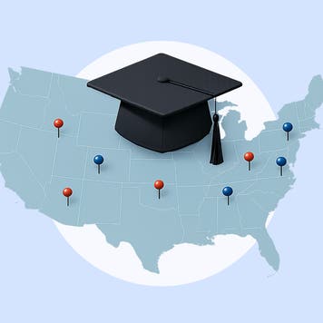 A stylized map of the United State of America with a few red and blue place marker pins pinned in various areas of the map. There is a large college graduation cap sitting on the top of the map.