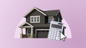 photo illustration of house with calculator, purple background