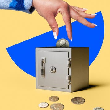 Whimsical illustration of a hand putting a quarter into a miniature but realistic high end safe. As if it were a piggy bank