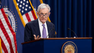 Fed Chair Jerome Powell speaks at a news conference.