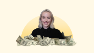 Head shot of Hanna Hovarth with money piled in front of her.