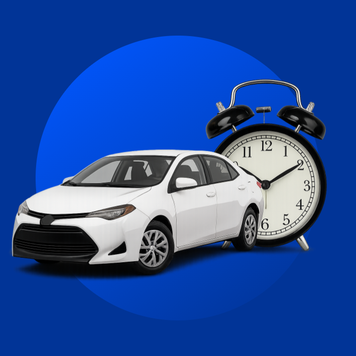 A sedan and an alarm clock are seen against a solid blue background