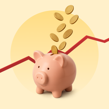 A graphic with a pale yellow background and a darker yellow circle in the center. There is a red line trending up and to the right, with a piggy bank that has coins falling into it in front of that.
