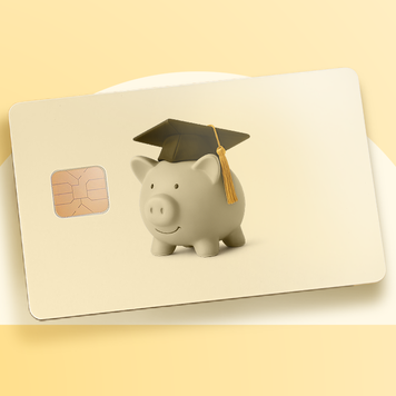 An illustration of a piggybank with a graduation cap on a yellow credit card.